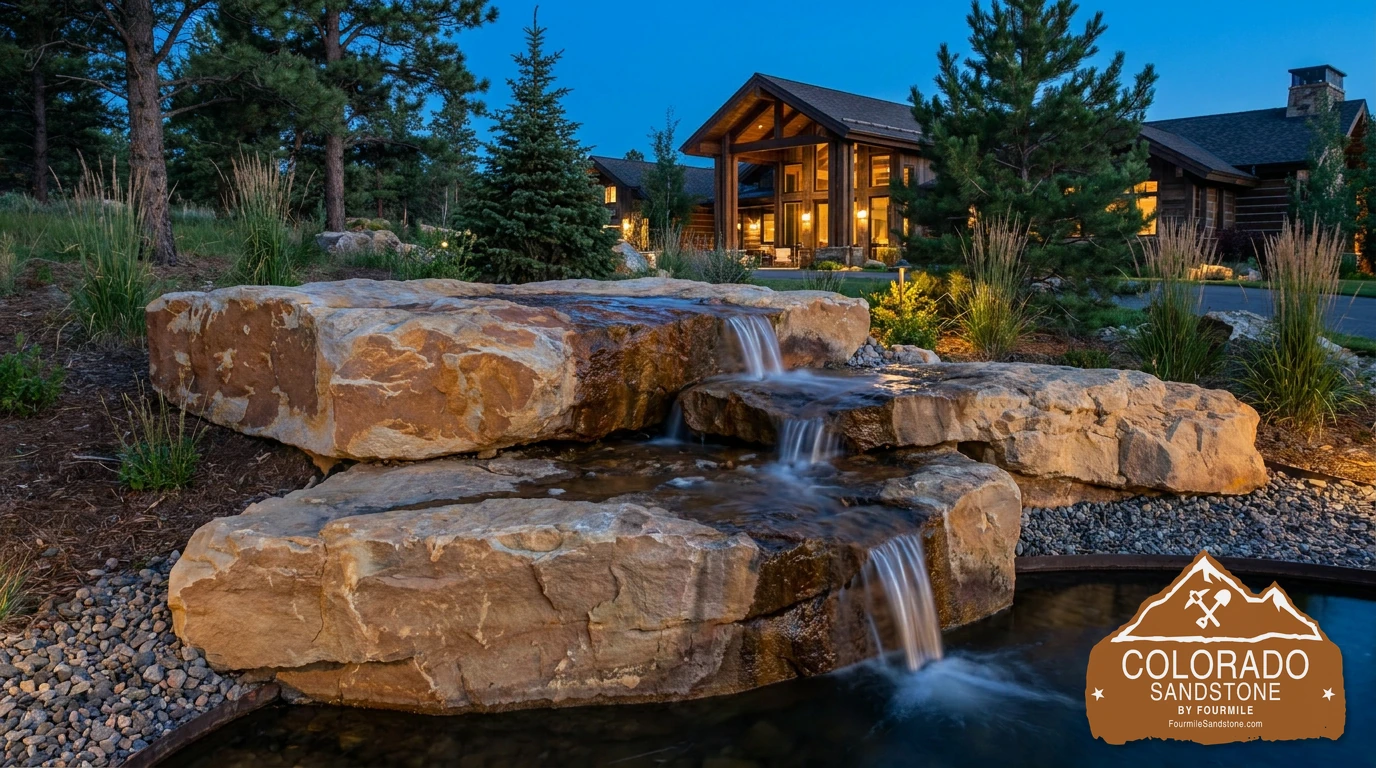 Colorado mountain lodge water court with broad sandstone ledges and evening lighting