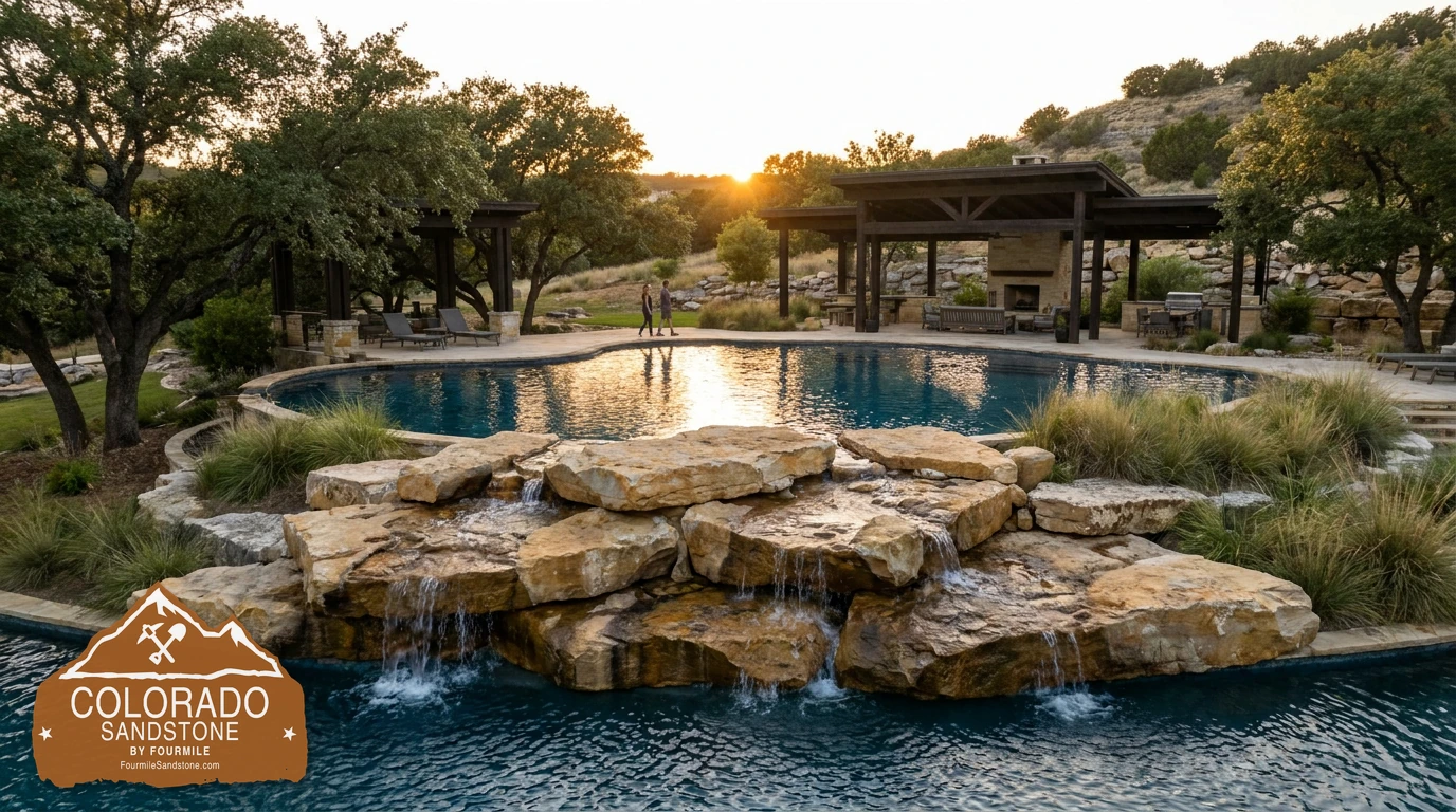 Texas ranch destination pool with a walk-around raw sandstone island waterfall