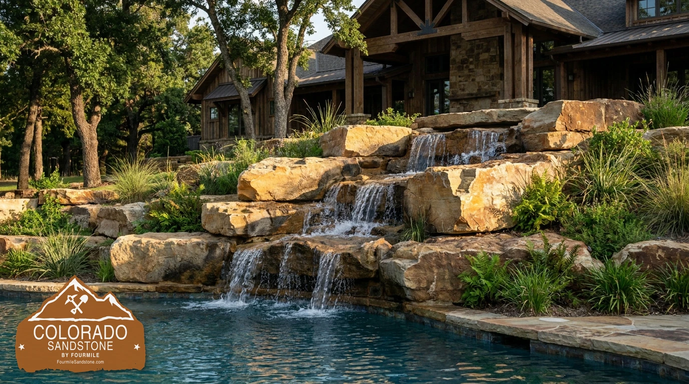 Grand open resort pool waterfall built from overlapping raw Breckenridge Gold ledges
